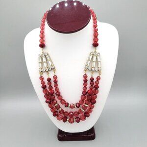 Plunder Statement Necklace Triple Strand Dark Red Beads Crystal Accents 18"
